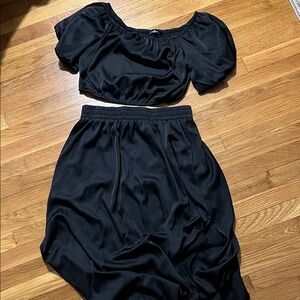 Amazon Black Two-Piece Midi Skirt Set with Elastic Waist